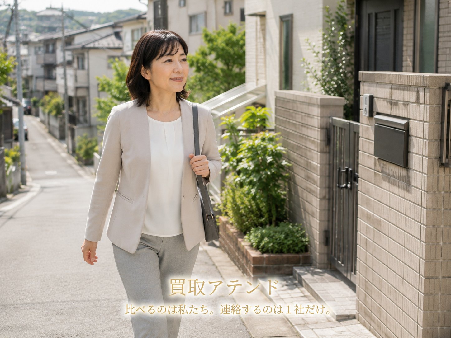 座間市の住宅街へ出張買取スタッフが訪問するイメージ 座間市の坂のある住宅街を日本人スタッフが小型バッグで訪問先へ向かうイメージ
