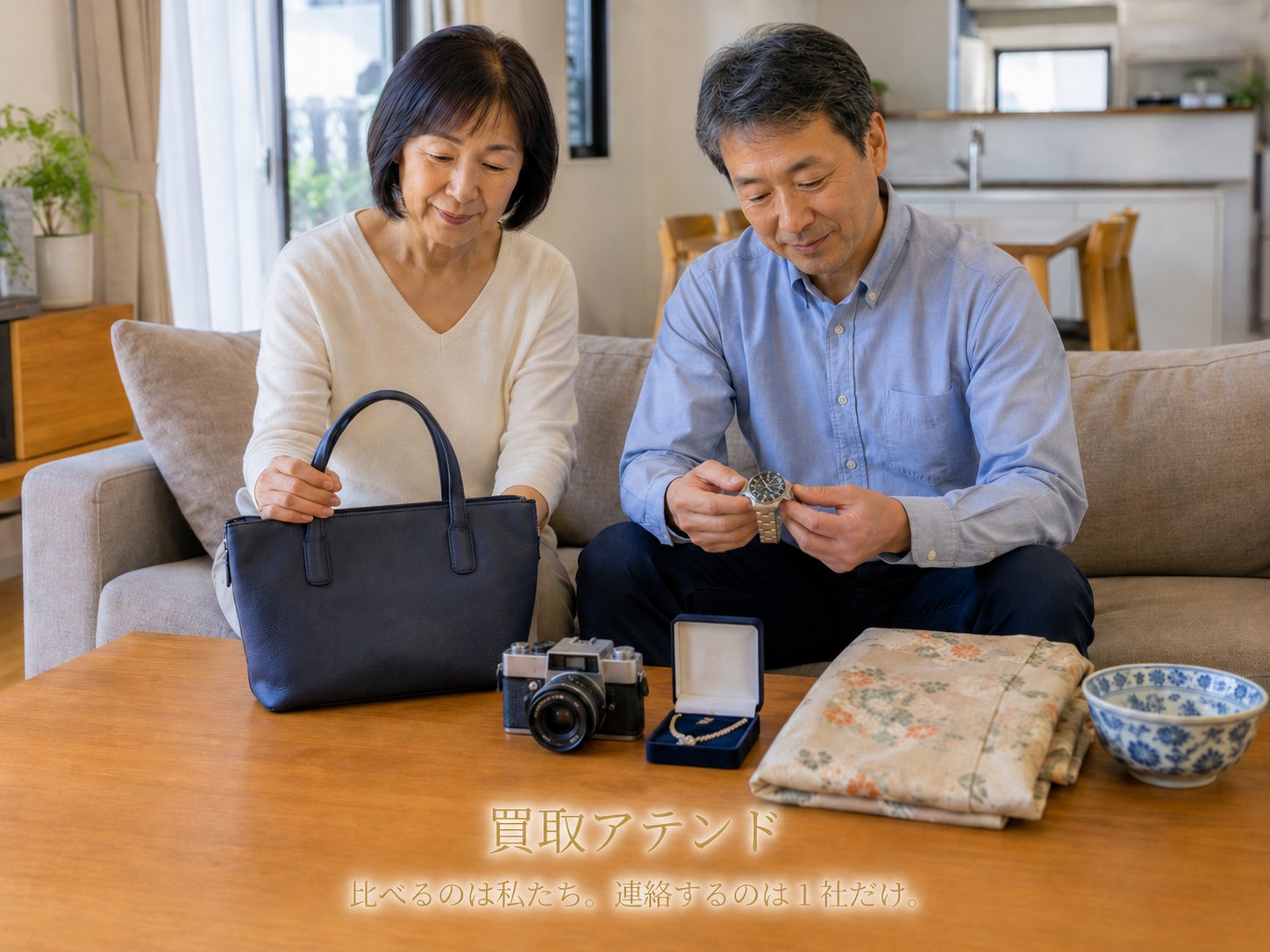 座間市の出張買取で相談する品物のイメージ 座間市の住宅で日本人夫婦がバッグや時計、カメラ、着物、食器などの相談品を確認しているイメージ