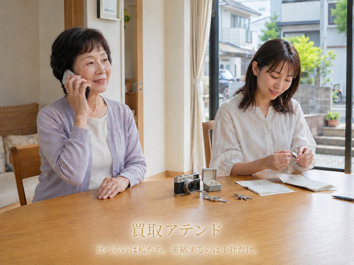 座間市の出張買取相談前に電話とメモで確認するイメージ 日本人親子が座間市の住宅で電話をしながら品物や保証書、鍵、建物条件のメモを確認しているイメージ