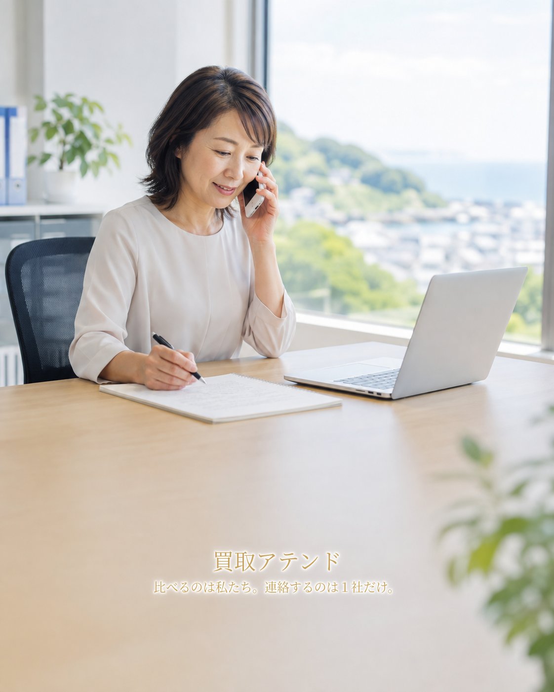 逗子市の出張買取相談を電話確認するスタッフ 日本人女性スタッフがオフィスで逗子市の出張買取相談を電話確認しながらメモを取るイメージ