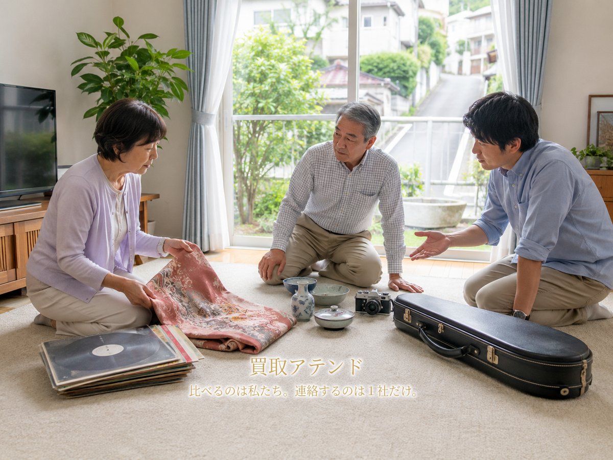 逗子市の自宅で出張買取の相談品を確認する家族 逗子市の自宅で日本人家族が着物や食器、カメラ、レコード、楽器ケースを確認するイメージ