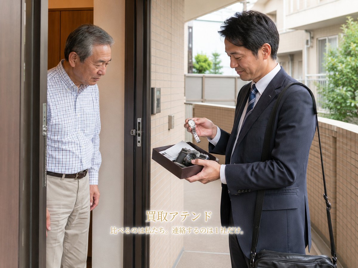 逗子市の集合住宅玄関で行う出張買取査定 逗子市の集合住宅玄関で住人が室内側、紹介先スタッフが共用廊下側から時計やカメラを確認するイメージ