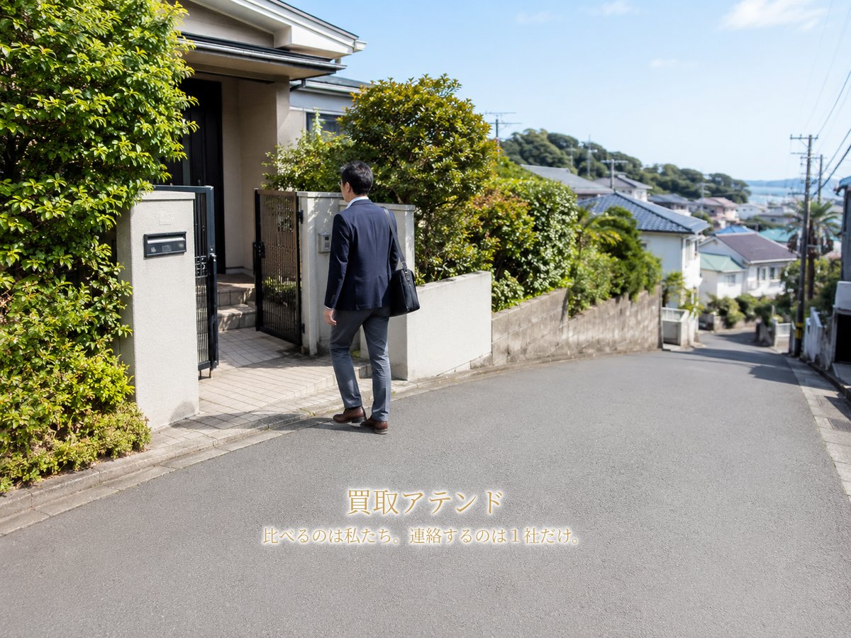 逗子市の住宅街へ向かう出張買取スタッフ 逗子市の坂のある住宅街で日本人スタッフが小型バッグを持って戸建てへ向かうイメージ