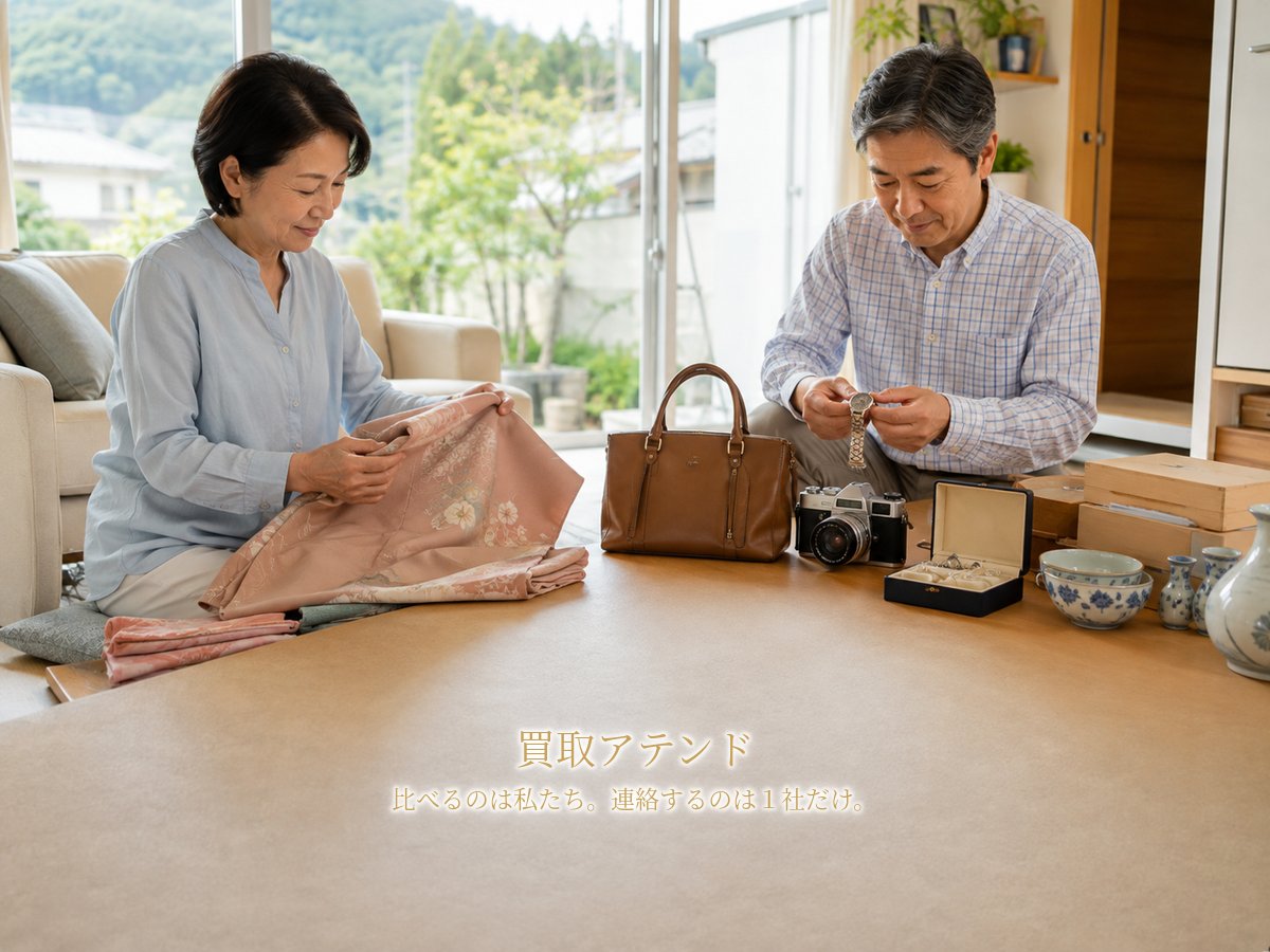 逗子市で出張買取を相談できる品物 逗子市の明るい戸建てで日本人夫婦がバッグや時計、カメラ、着物、食器を確認するイメージ