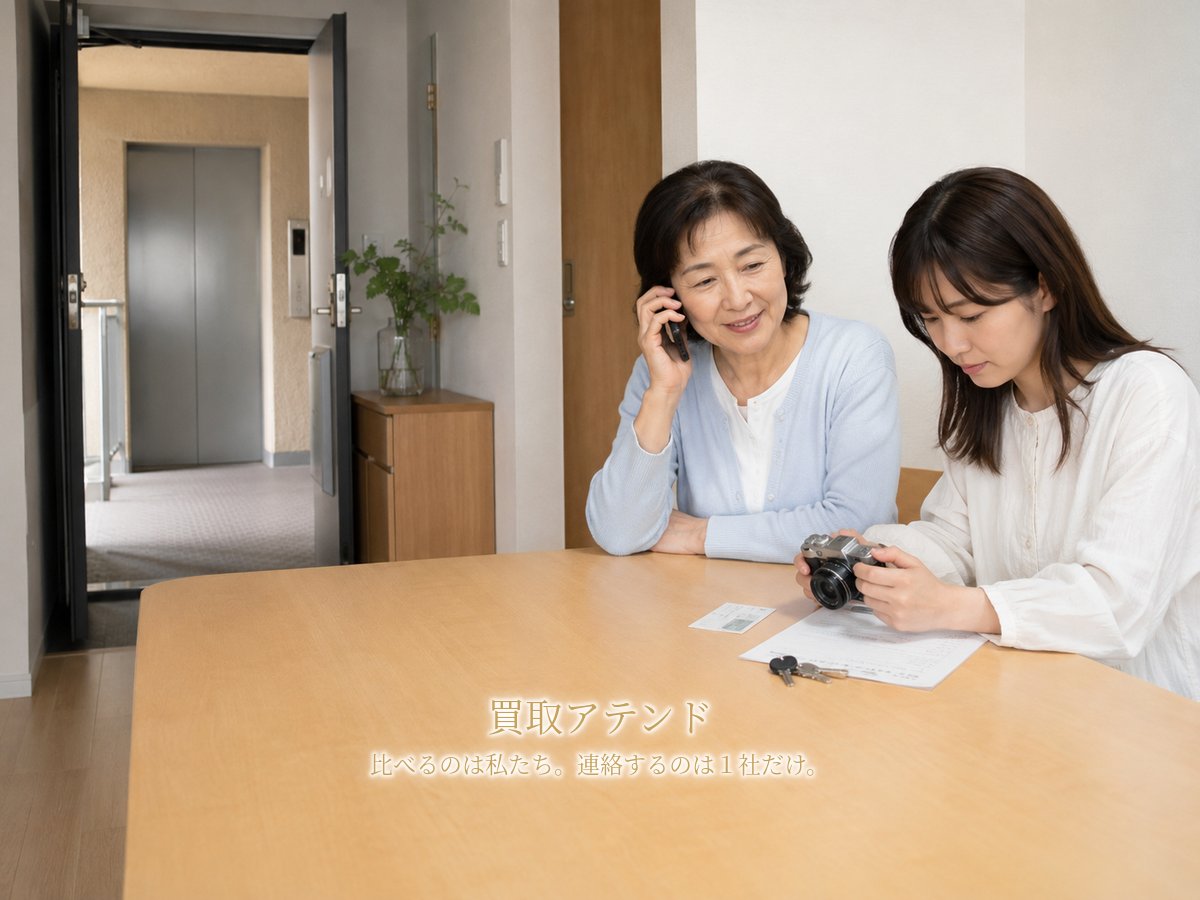 逗子市の出張買取相談前に品物と建物条件を確認 逗子市の集合住宅で日本人親子が電話をしながらカメラ、書類、鍵、建物条件を確認するイメージ