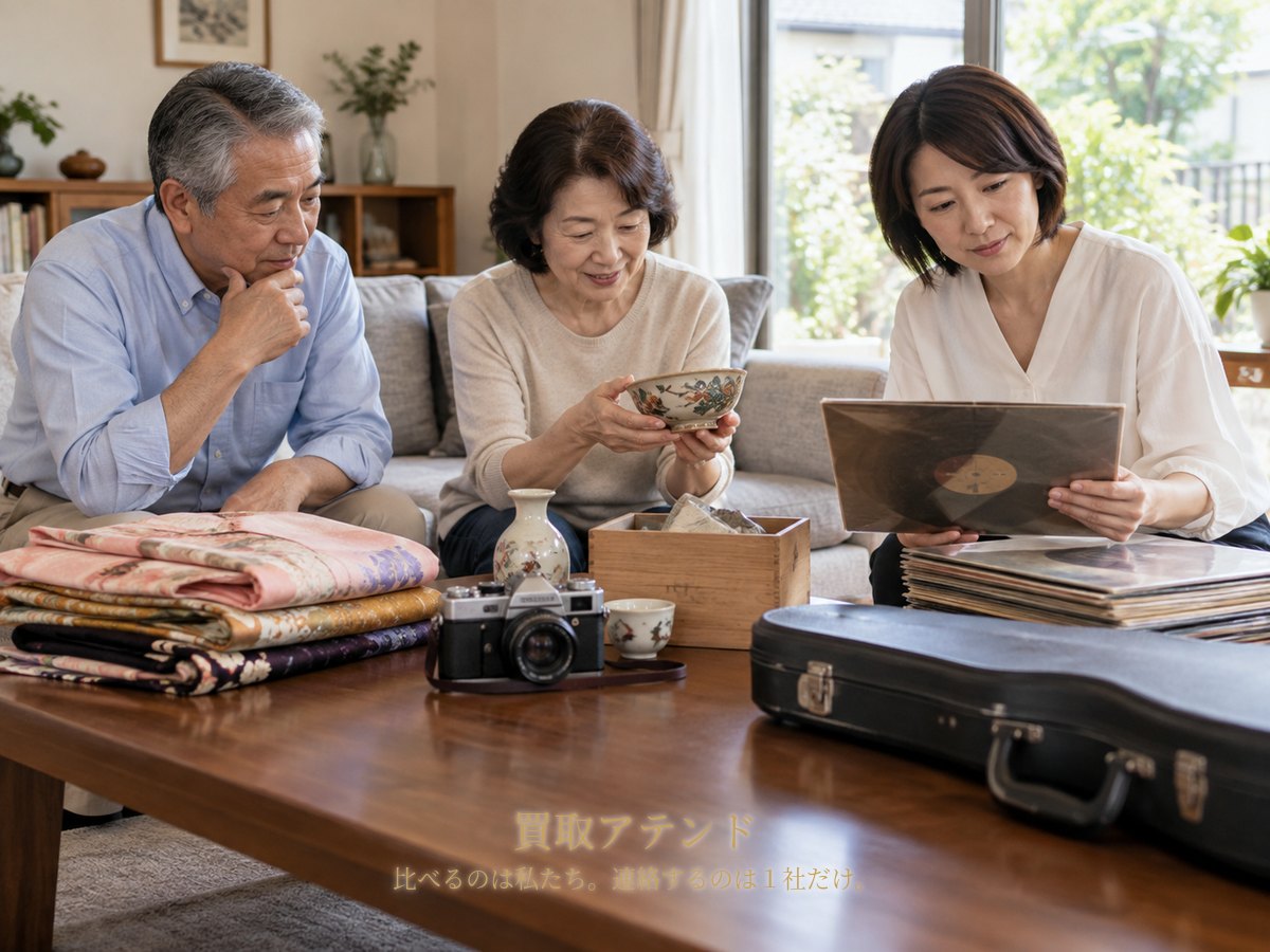 千葉市緑区の住宅で日本人夫婦と家族が着物や食器、カメラ、レコード、楽器を確認しているイメージ