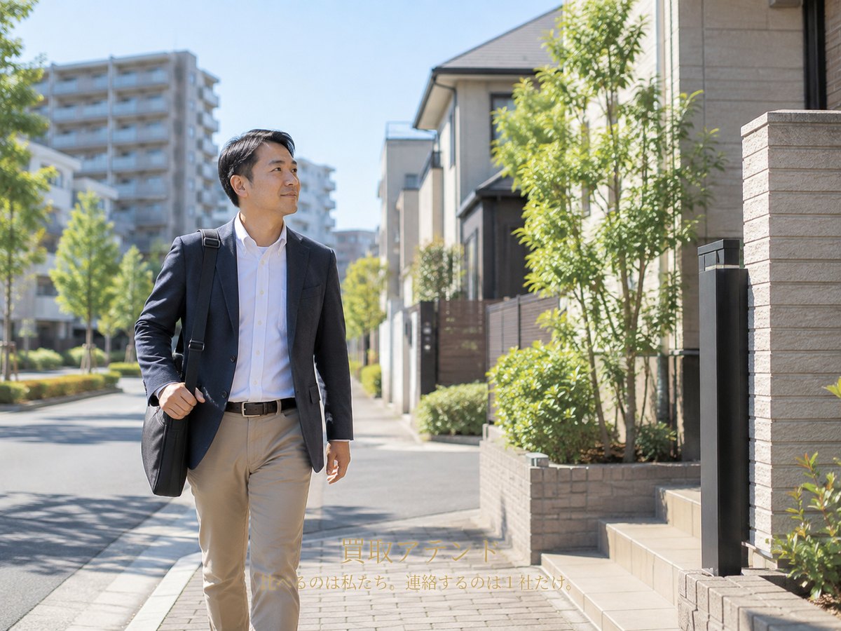 千葉市緑区の集合住宅と戸建てが並ぶ緑の多い住宅街で日本人スタッフが訪問先へ向かうイメージ
