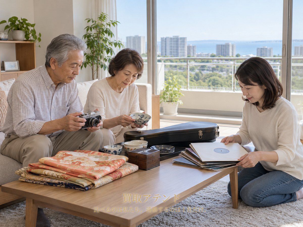 千葉市美浜区のマンションで日本人の夫婦と家族が着物や食器、カメラ、レコード、楽器を確認しているイメージ