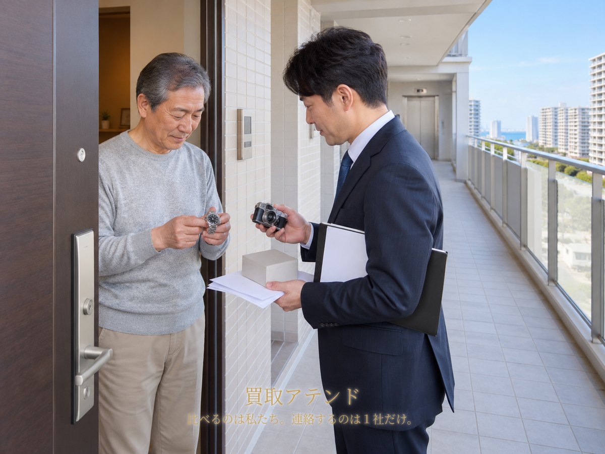 千葉市美浜区のマンション玄関で住人が室内側、紹介先スタッフが共用廊下側から時計やカメラを確認しているイメージ