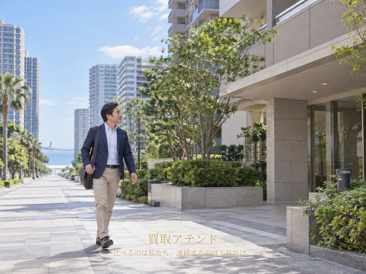 千葉市美浜区の海沿いの集合住宅街で日本人スタッフがマンションの訪問先へ向かうイメージ