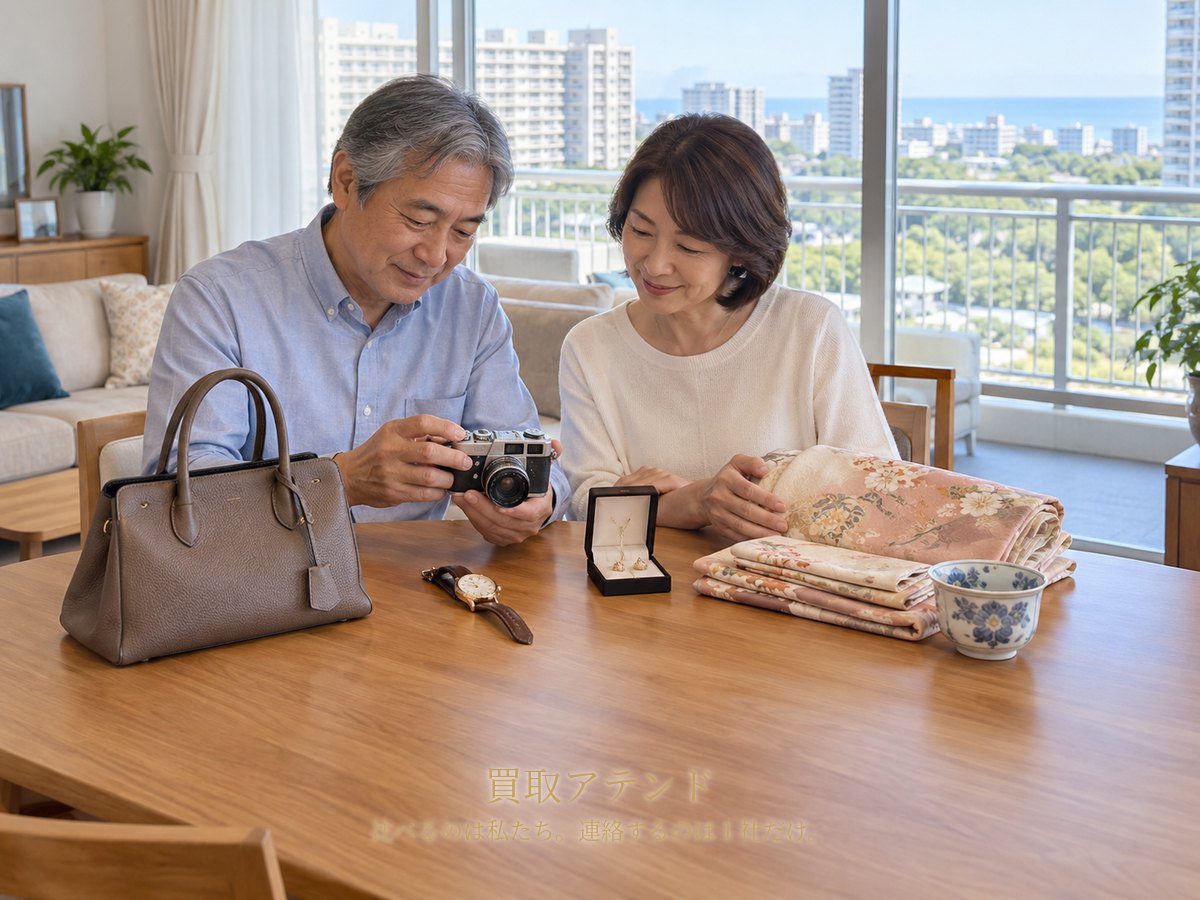 千葉市美浜区のマンションで日本人夫婦がバッグや時計、カメラ、ジュエリー、着物、食器を確認しているイメージ