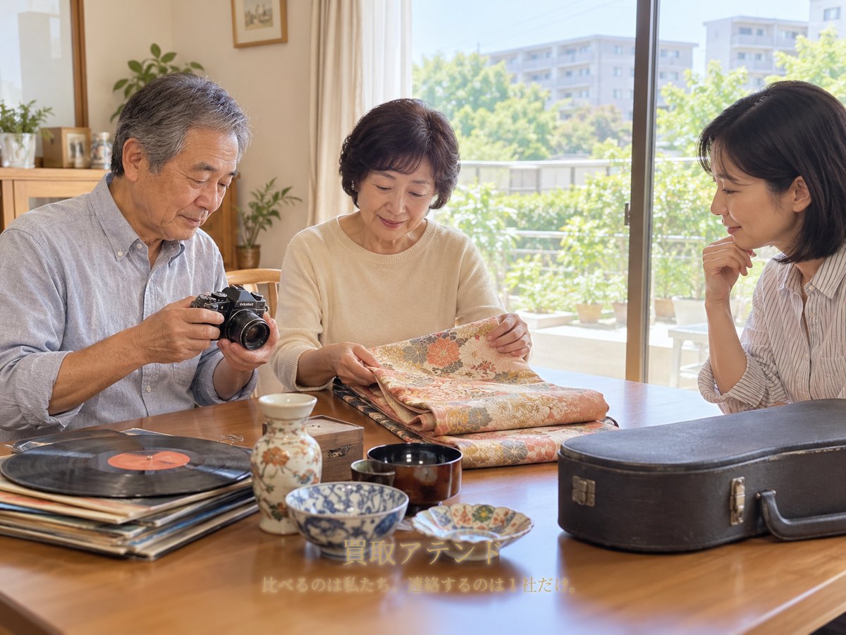 千葉市花見川区の住宅で日本人の夫婦と家族が着物や食器、カメラ、レコード、楽器を確認しているイメージ