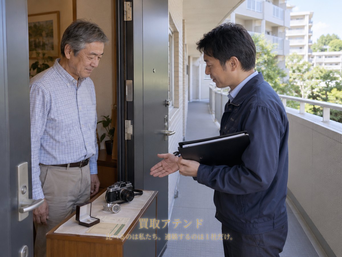 千葉市花見川区の集合住宅の玄関で住人が室内側、紹介先スタッフが共用廊下側からカメラや時計を確認しているイメージ