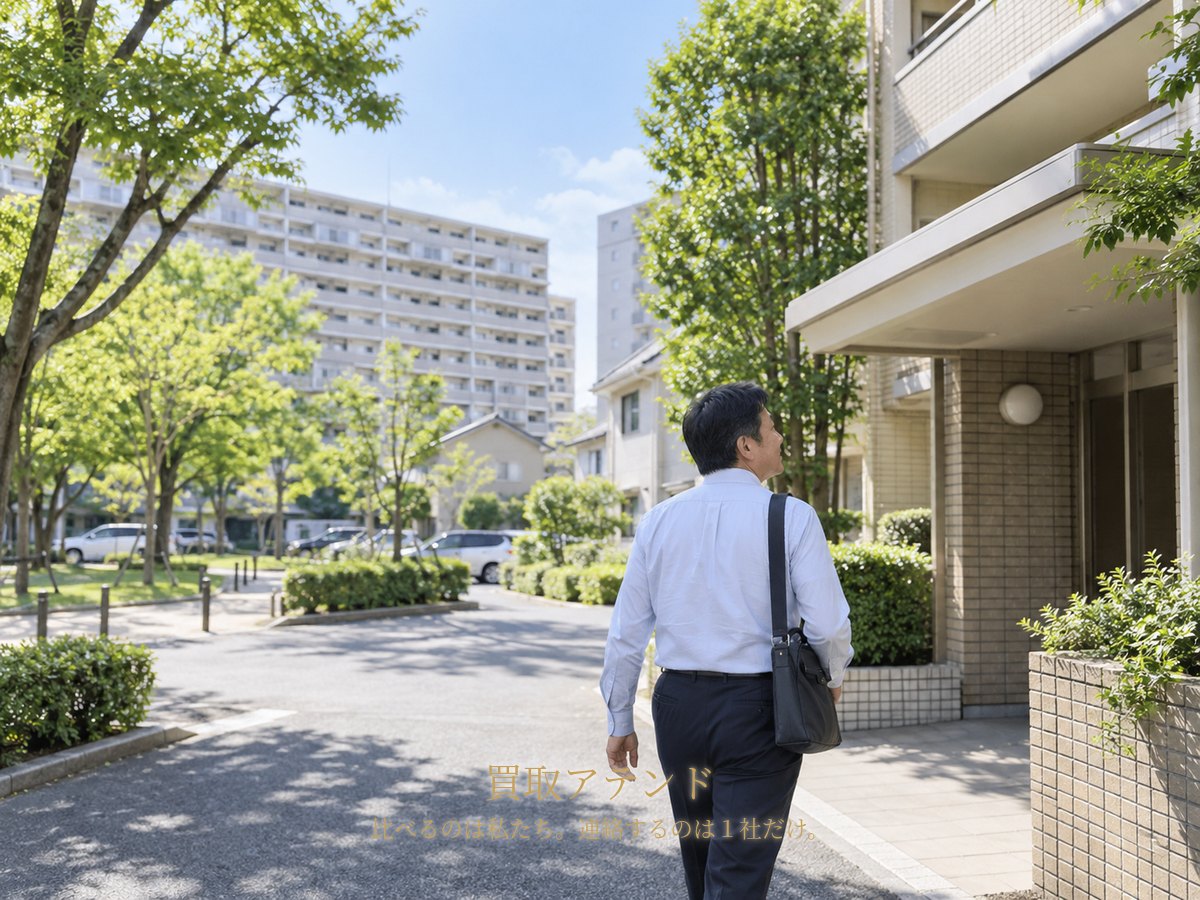 千葉市花見川区の団地と戸建てが混在する住宅街で日本人スタッフが訪問先へ向かうイメージ