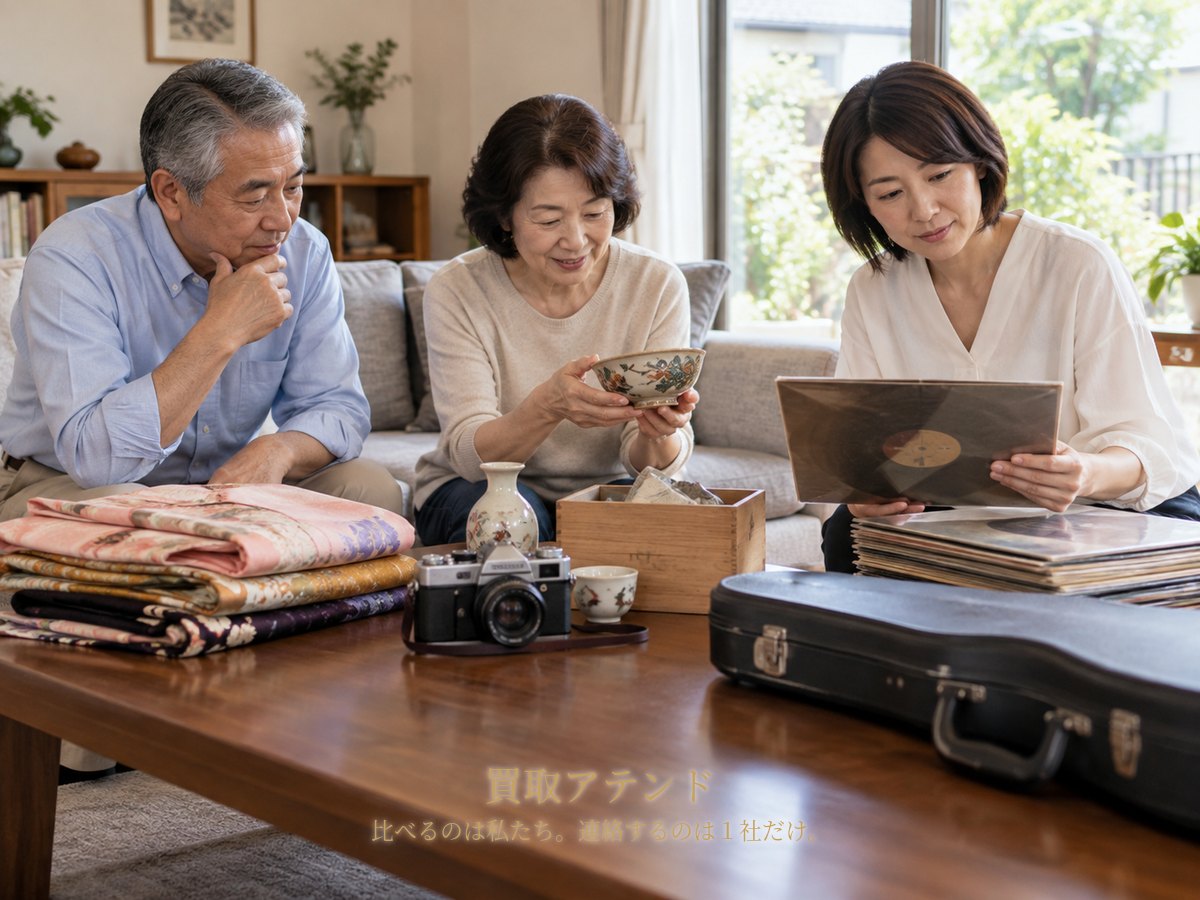 千葉市の住宅で日本人の夫婦と家族が着物や食器、カメラ、レコード、楽器を確認しているイメージ
