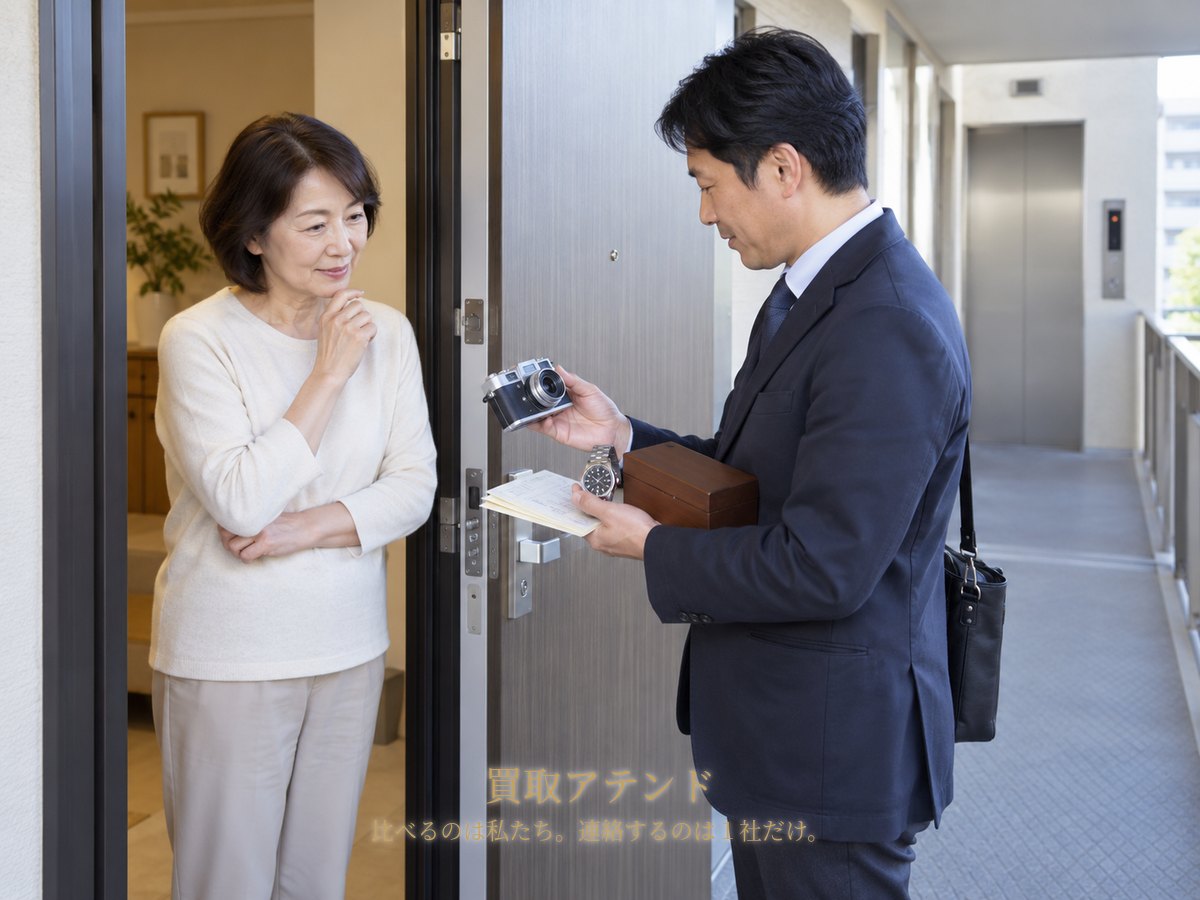 千葉市の集合住宅の玄関で住人が室内側、紹介先スタッフが共用廊下側から品物を確認しているイメージ