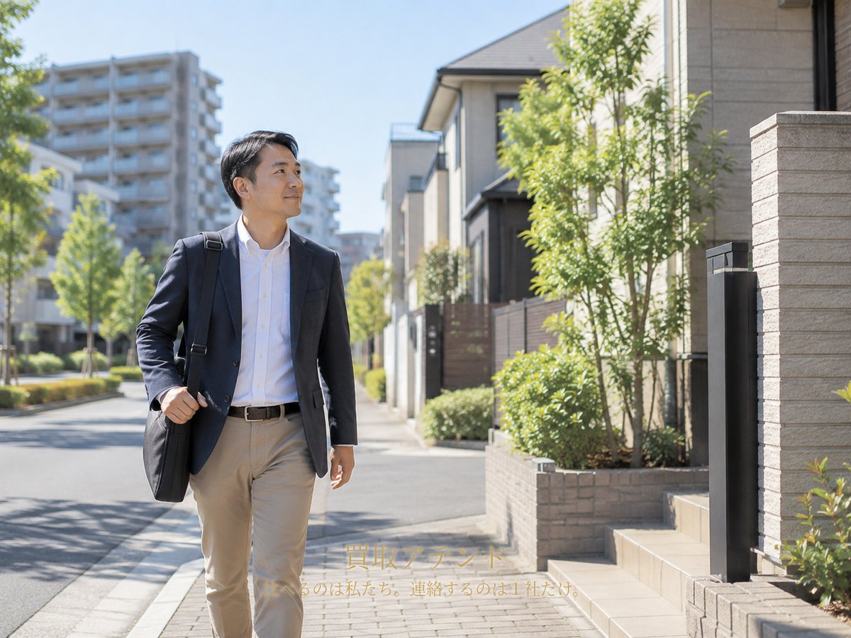 千葉市の集合住宅と戸建てが混在する住宅街で日本人スタッフが訪問先へ向かうイメージ