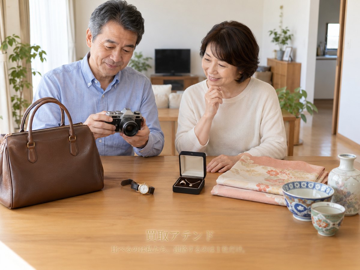 千葉市の住宅で日本人夫婦がバッグや時計、カメラ、ジュエリー、着物、食器を確認しているイメージ