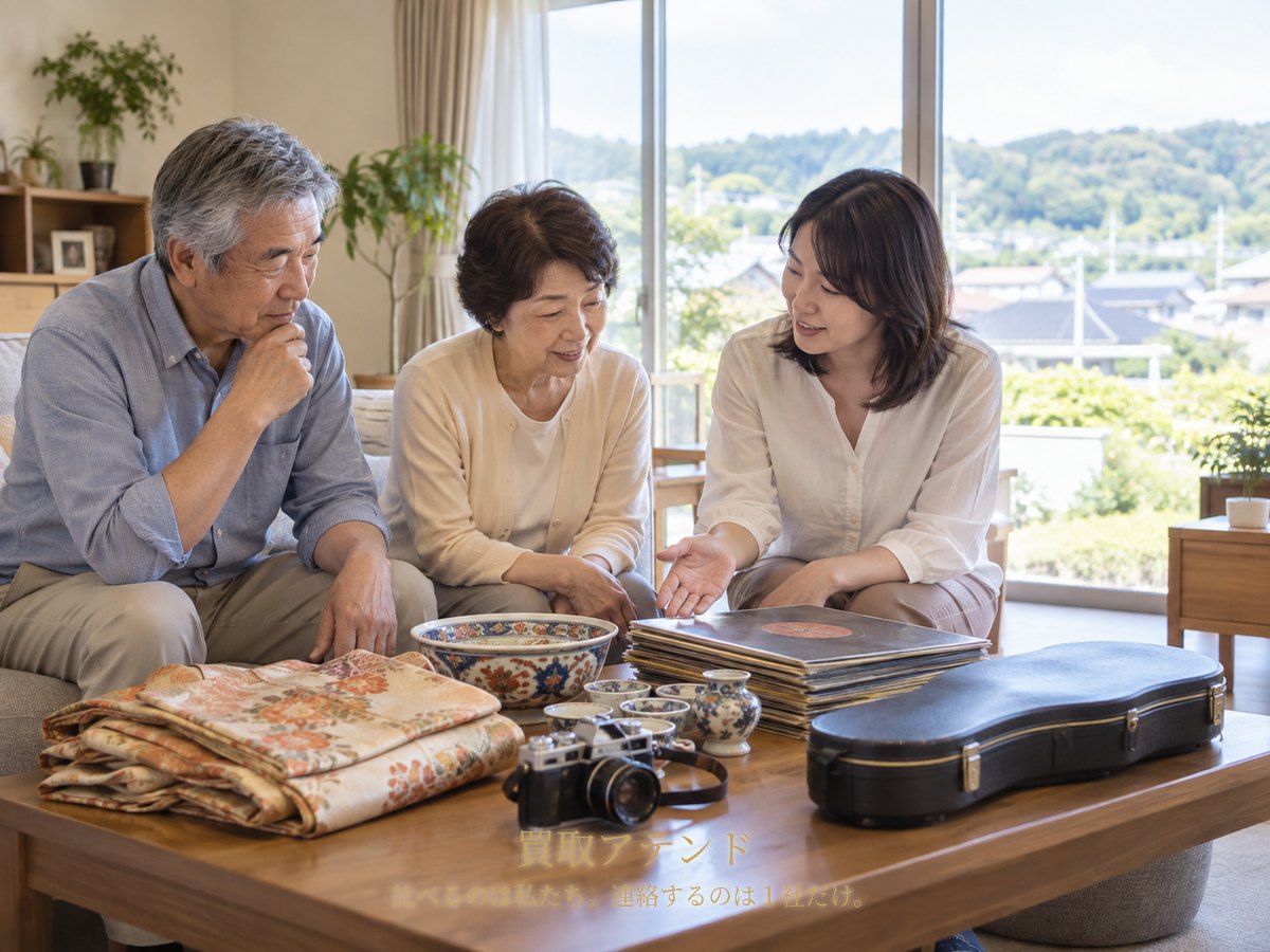 市原市の自宅で出張買取の相談品を確認するイメージ 市原市の戸建てで日本人家族が着物や食器、カメラ、レコードなどの相談品を確認しているイメージ