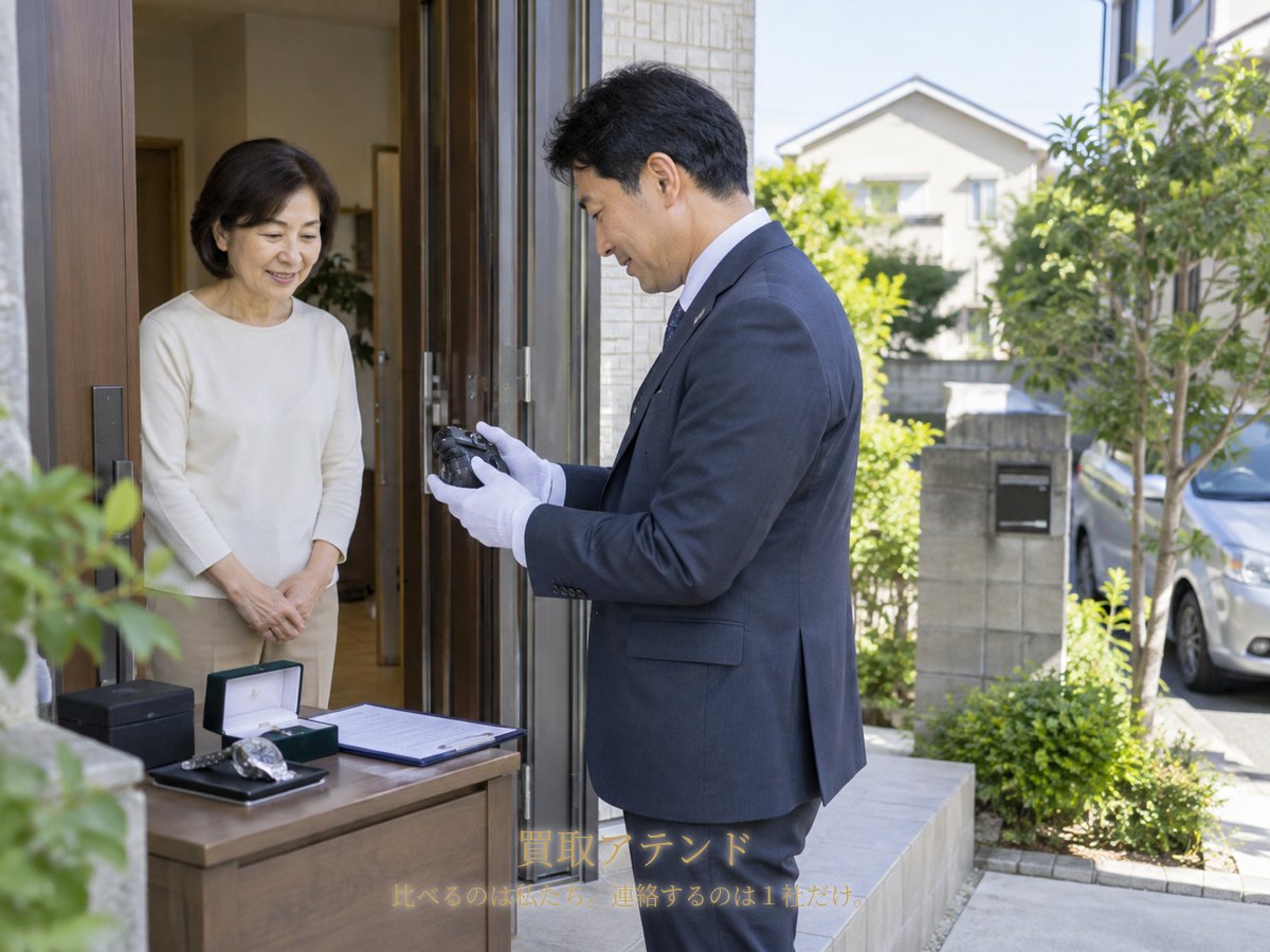市原市の自宅玄関で行う出張買取査定のイメージ 市原市の戸建て玄関で住人が室内側、出張買取スタッフが屋外側から品物を確認するイメージ