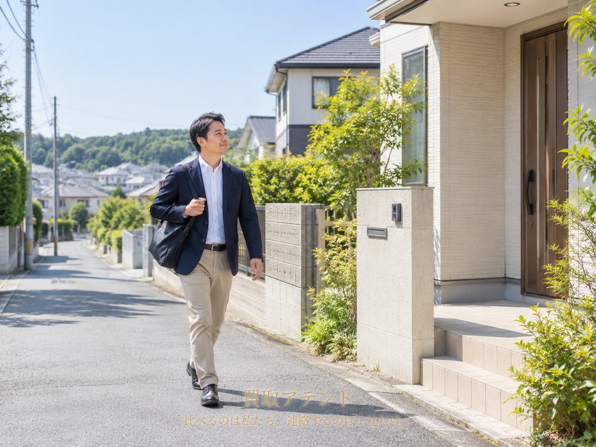 市原市の住宅街へ出張買取スタッフが訪問するイメージ 市原市の坂のある住宅街で出張買取スタッフが戸建てへ向かうイメージ