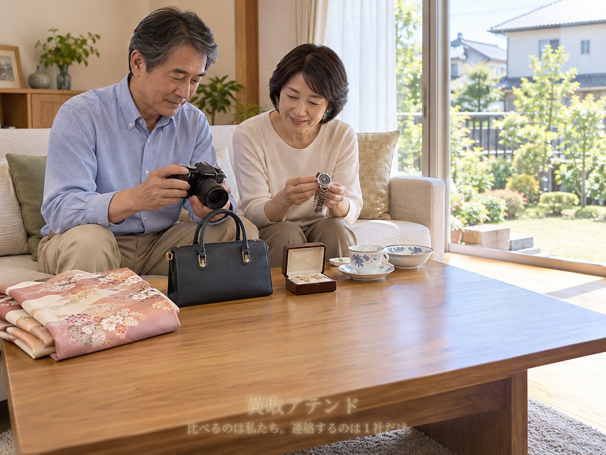 市原市で出張買取を相談できる品物のイメージ 市原市の戸建てで日本人夫婦が時計やカメラ、着物、食器などの相談品を確認しているイメージ