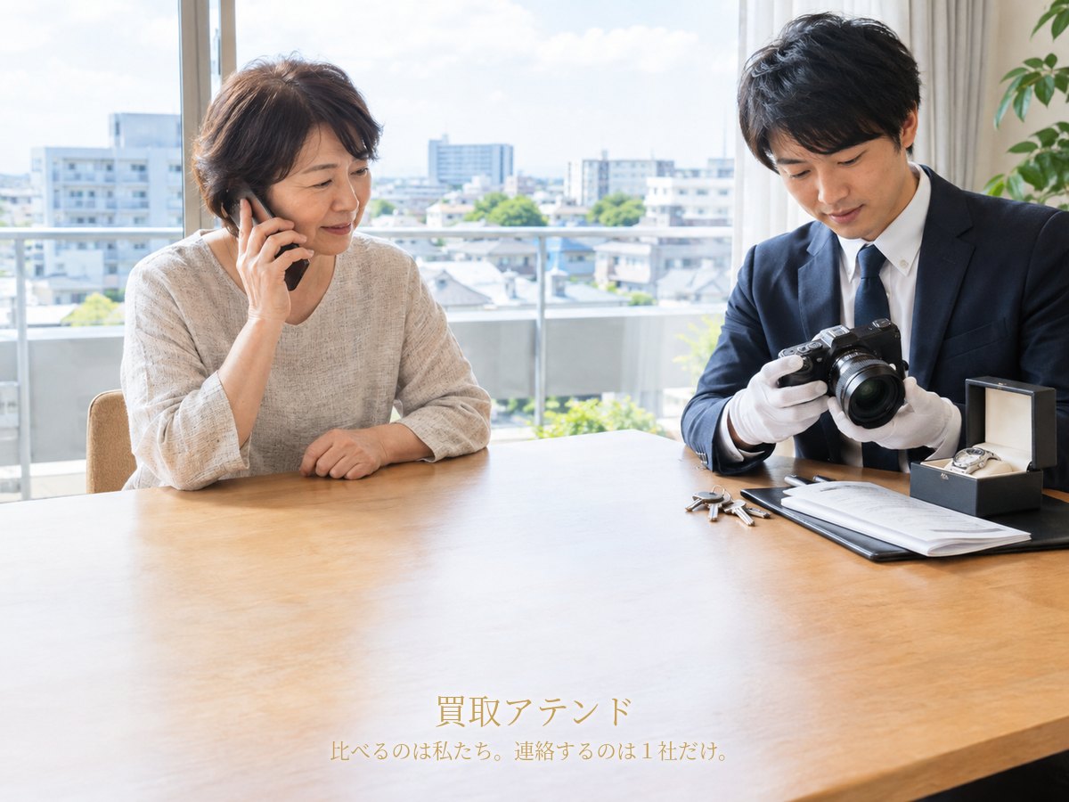 市原市の出張買取相談前に品物と建物条件を確認するイメージ 市原市の集合住宅で日本人家族が電話しながら品物や書類、鍵を確認しているイメージ