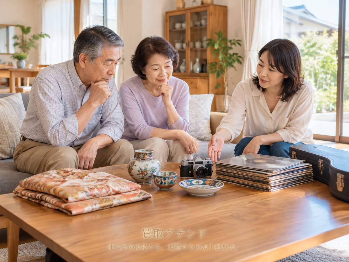 成田市の戸建てで日本人家族が着物や食器、カメラ、レコード、楽器ケースを確認しているイメージ