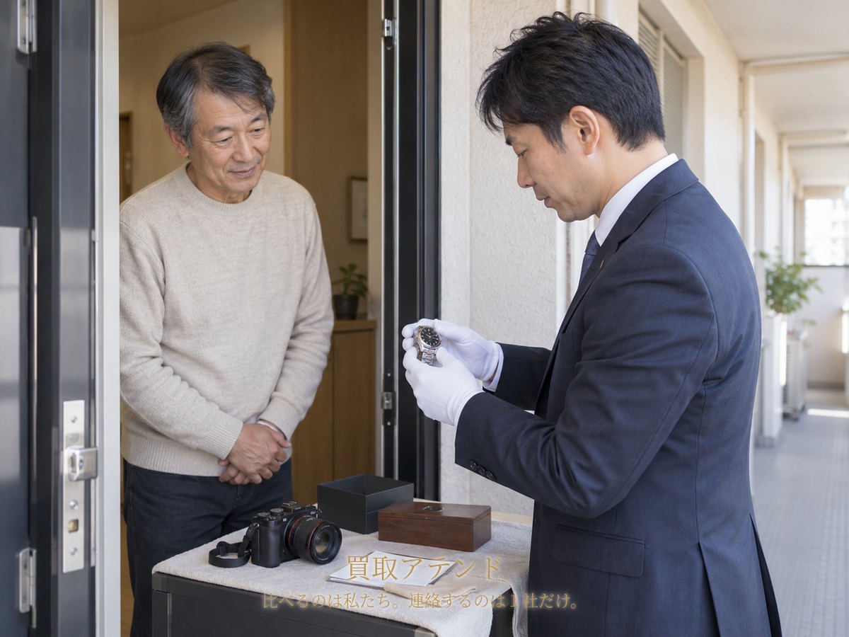 成田市の集合住宅玄関で住人が室内側、出張買取スタッフが共用廊下側から時計やカメラを確認するイメージ