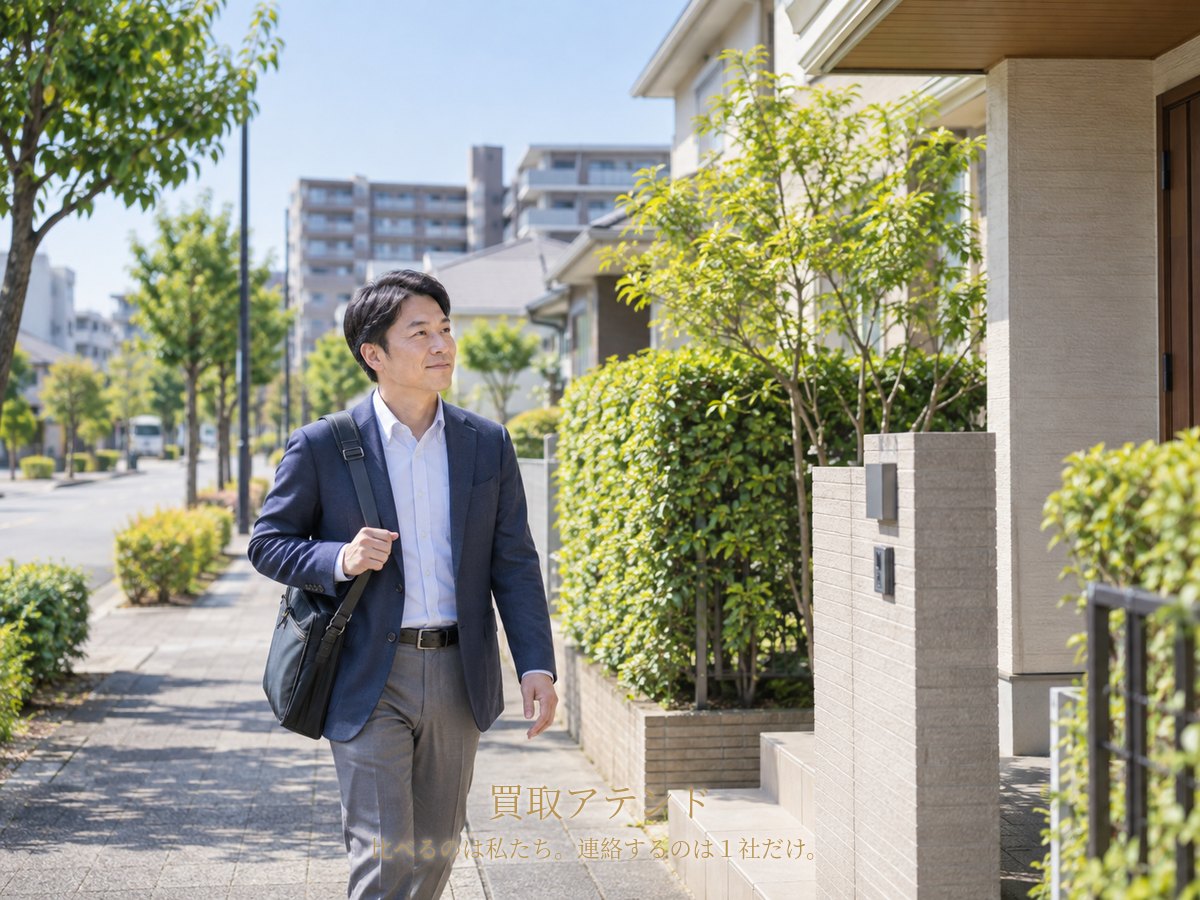 成田市の計画住宅地で日本人スタッフが小型バッグを持って住宅へ向かうイメージ