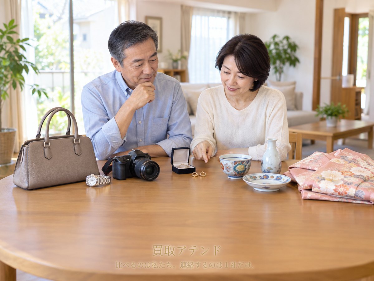 成田市の戸建てで日本人夫婦がバッグや時計、カメラ、ジュエリー、食器、着物を確認しているイメージ