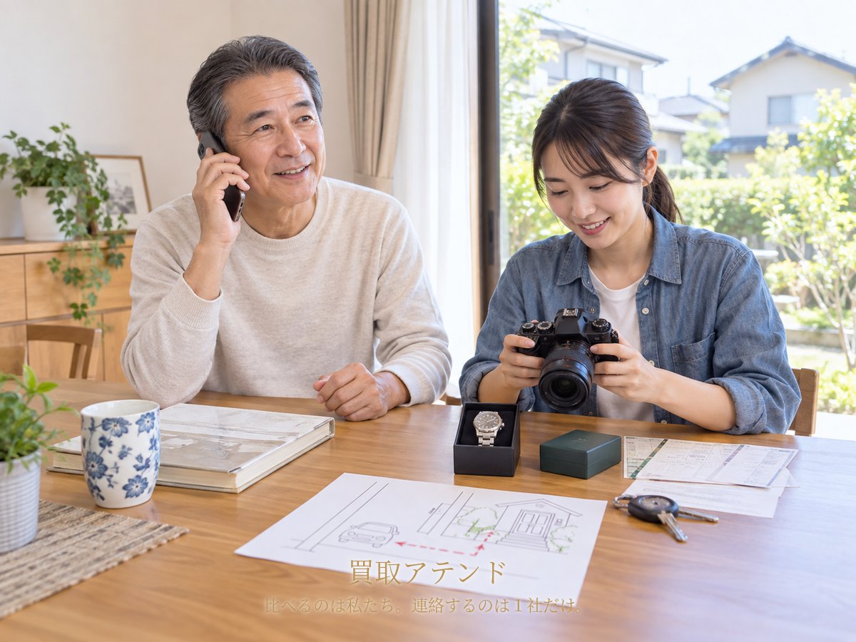成田市の戸建てで日本人親子が電話しながら品物や保証書、鍵、建物条件メモを確認しているイメージ