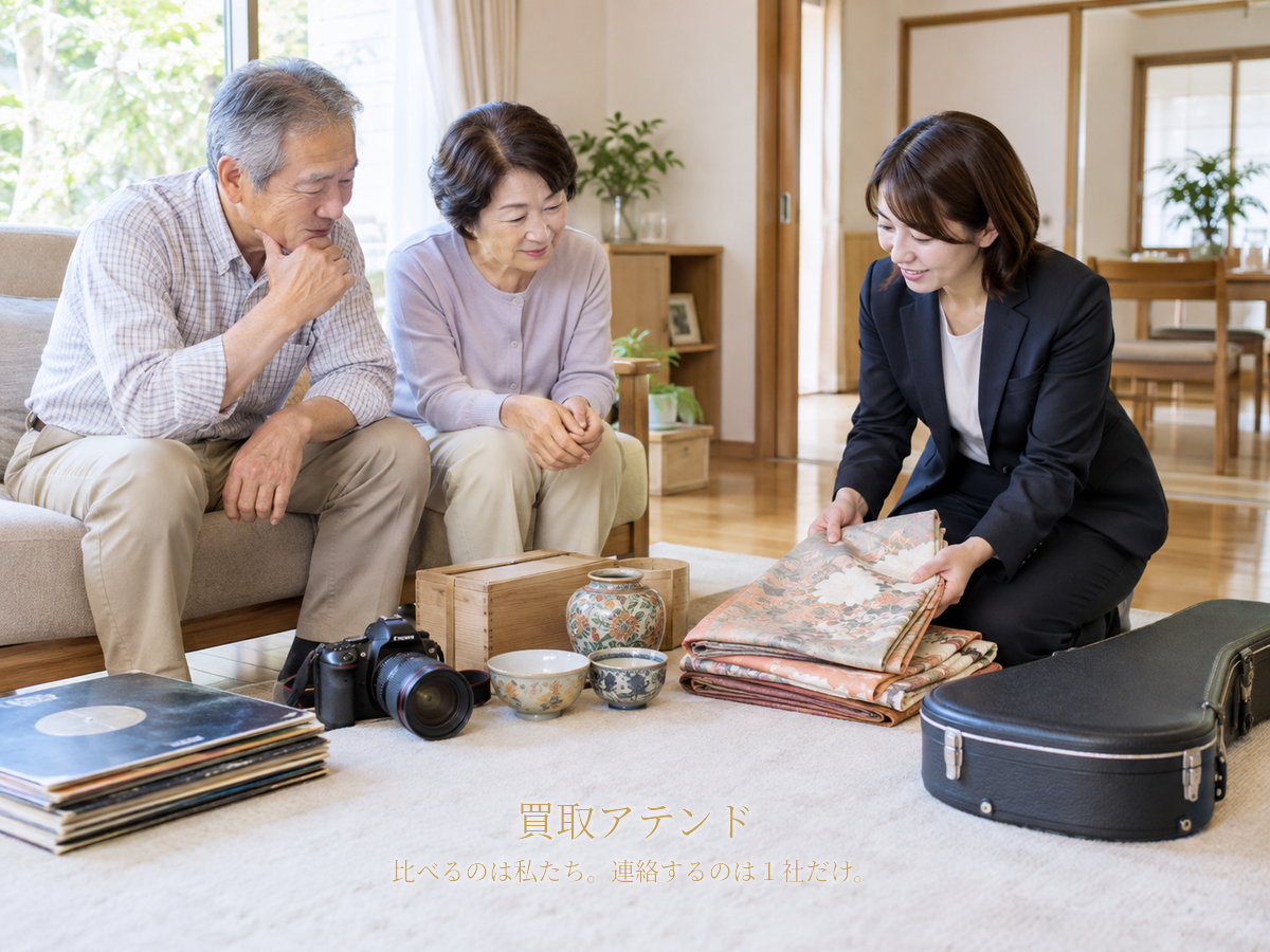 佐倉市の親族宅で出張買取の相談品を確認するイメージ 佐倉市の戸建てで家族が着物や食器、カメラなどの出張買取相談品を確認するイメージ