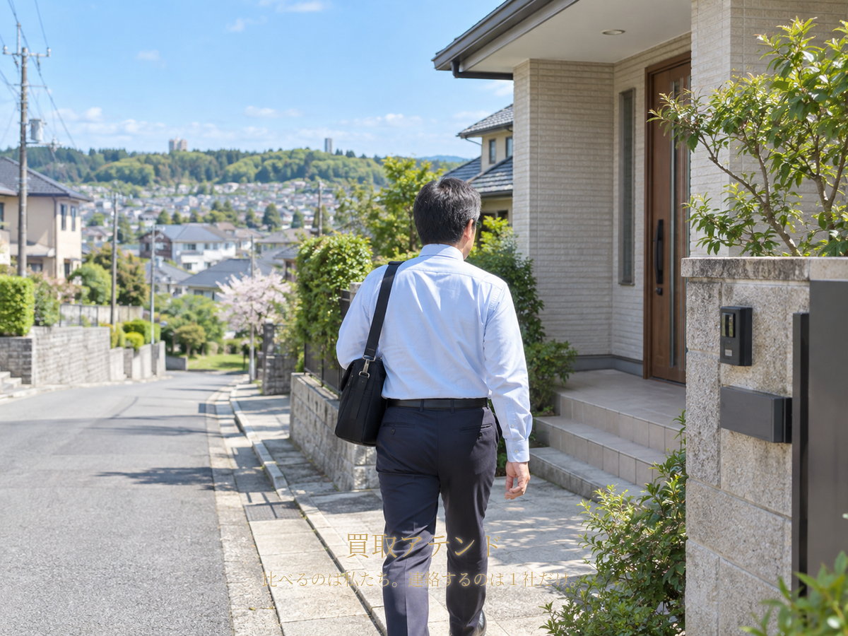 佐倉市の住宅地へ出張買取スタッフが訪問するイメージ 佐倉市の高低差がある戸建て住宅地で出張買取スタッフが住宅へ向かうイメージ